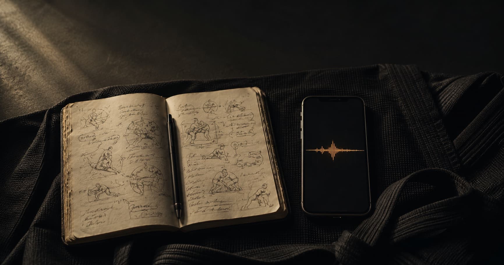 Top-down view of a worn paper notebook open to handwritten BJJ notes next to a phone on a folded black BJJ gi, the phone screen showing a faint glowing gold audio waveform