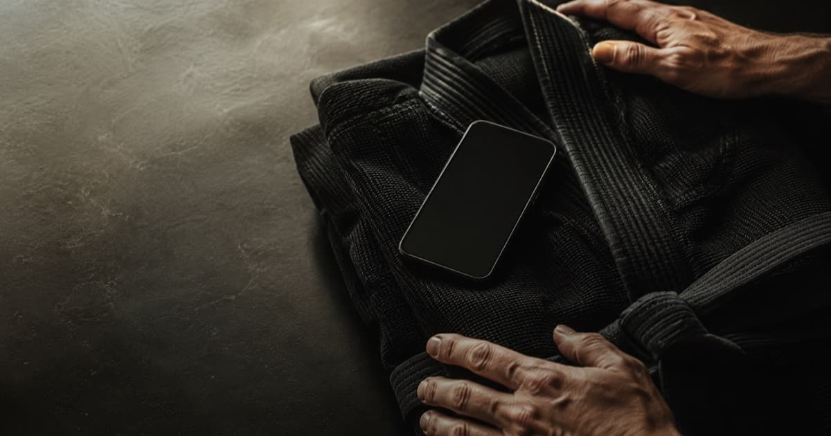 A pair of hands resting on a folded black BJJ gi with a phone laid across it, on a dark mat