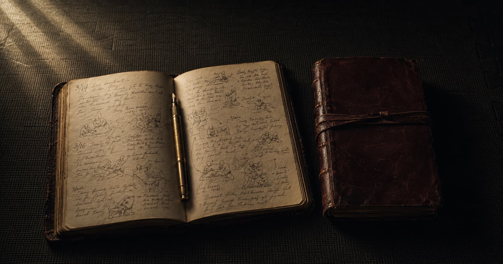 Two leather-bound BJJ training journals on a dark mat, one open to a filled page of dated handwritten notes with a gold fountain pen resting in the spine