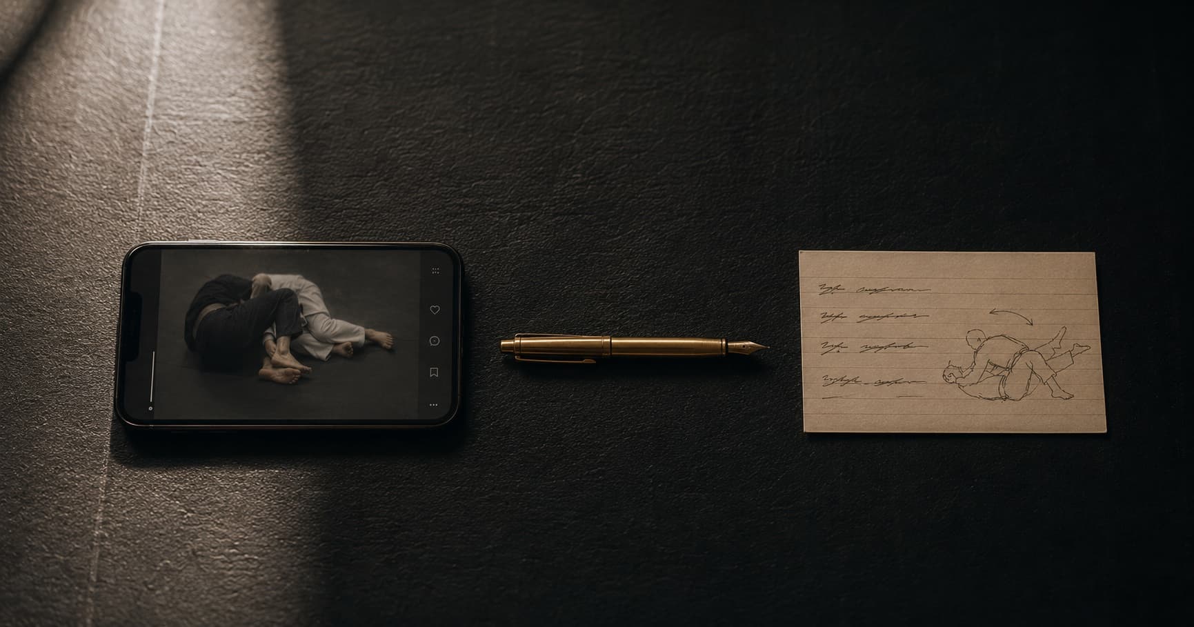 Phone showing a paused BJJ video next to a handwritten technique card